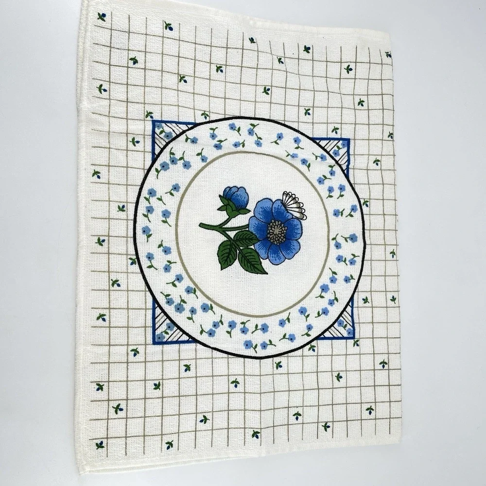 Mid Century Cotton Kitchen Towels White Royal Blue Floral x3 Kmart Vintage Tags